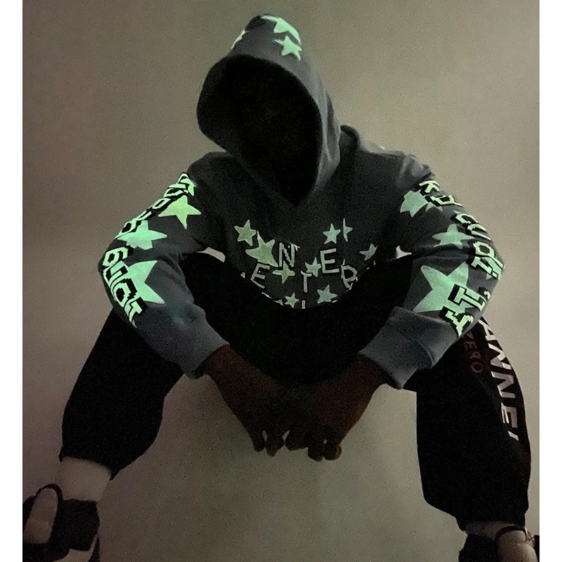 

2020 Five Star Letter Print Luminous Stranger Things Hoodies Men and Women Hanrajuku Stretwear Oversize Sweatshirt Hip Hop Hoody