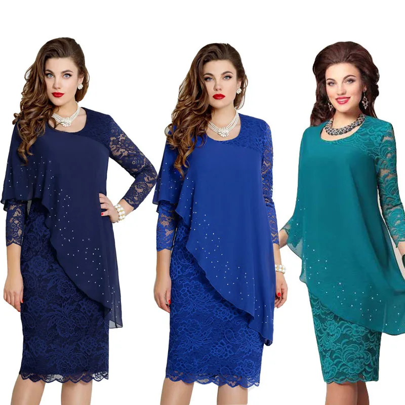 

Large Size Solid Color Lace Stitching Elegant Dress Three Quater Sleeve Slim Fitting Evening Dress Women's Dress 2021 Traf V117