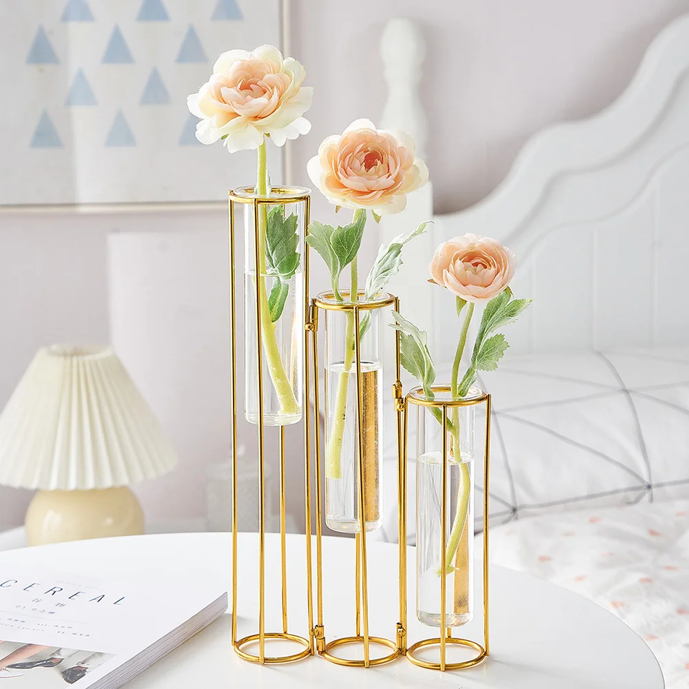 

Nordic Golden Glass Vase Iron Flowers Vases Modern Home Decoration Transparent Hydroponic Planter Flower Holder Desktop Decor