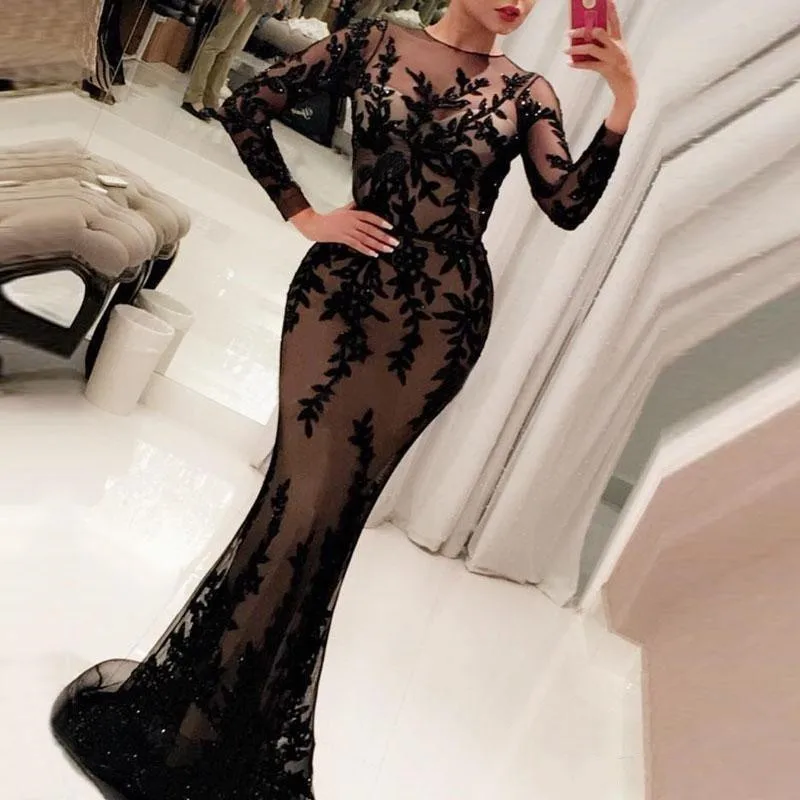 

2020 Elegant Long Sleeve Evening Dresses Vestidos Black Applique Long Prom Dresses Arabic Dubai Mermaid Formal Evening Gowns