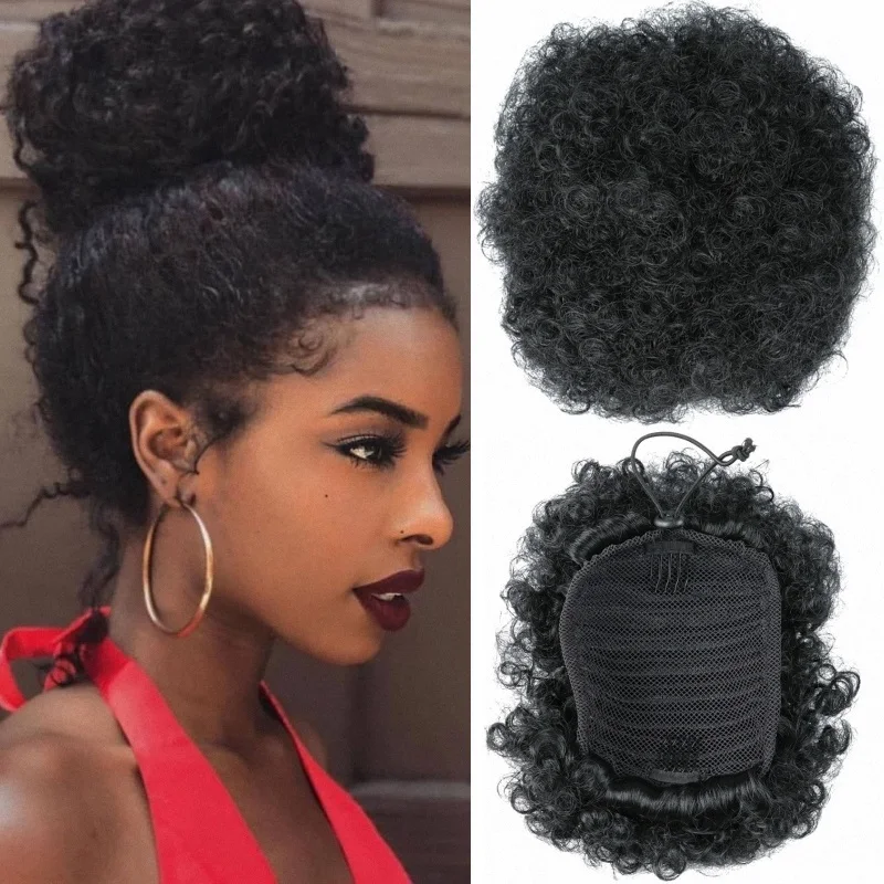 

Kinky Curly Afro Puff Hair Piece Bun Chignon Synthetic Hairpiece Natural Black Brown Blond Color For African American Women