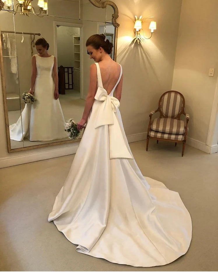 

Simple Classical Boho A-Line Backless Off The Shoulder Chapel Train Satin Bridal Dress Bow On Back Country Wedding Bride Dress