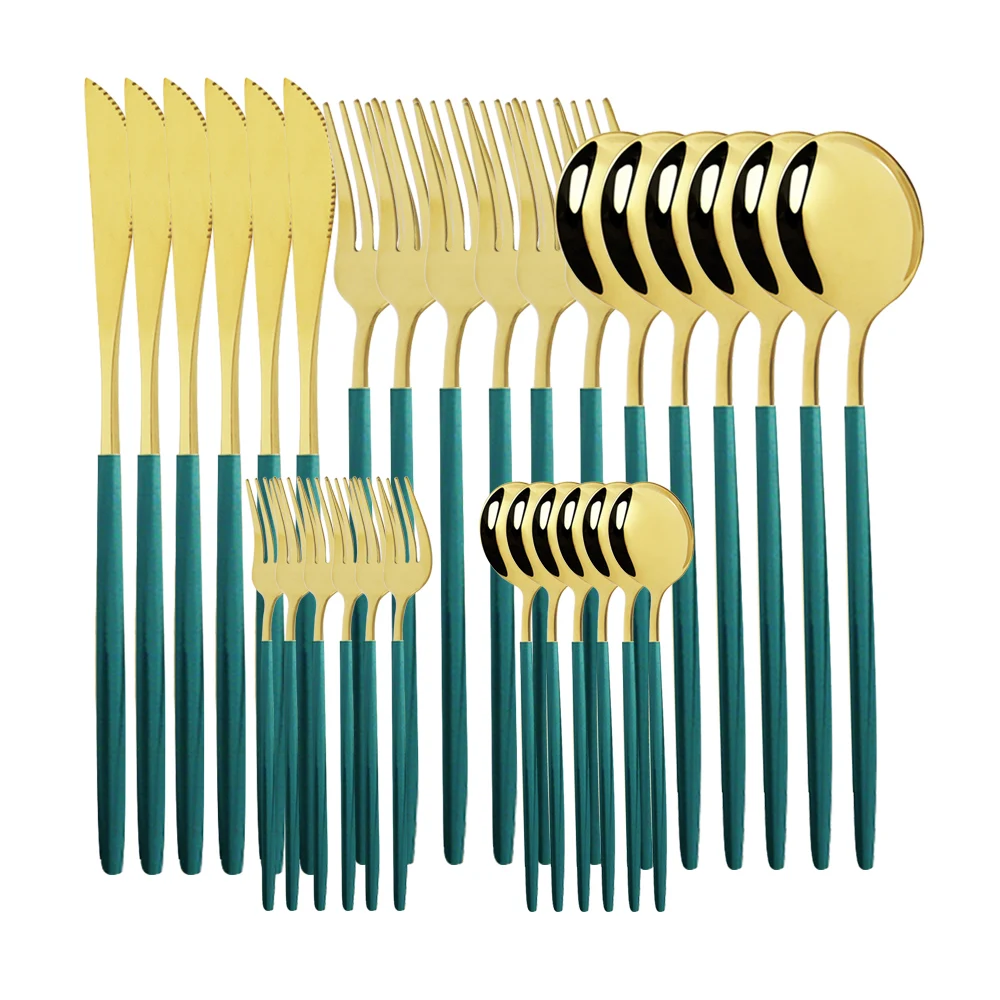 

Dinnerware Set 18/10 Stainless Steel 30Pcs Green Gold Cutlery Set Tableware Knife Salad Fork Spoon Flatware Set Dishwasher Safe