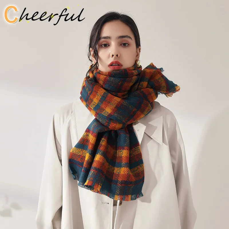 

Осенне-зимний женский клетчатый шерстяной шарф из искусственного кашемира ветрозащитный Теплый элегантный и милый шарф шаль