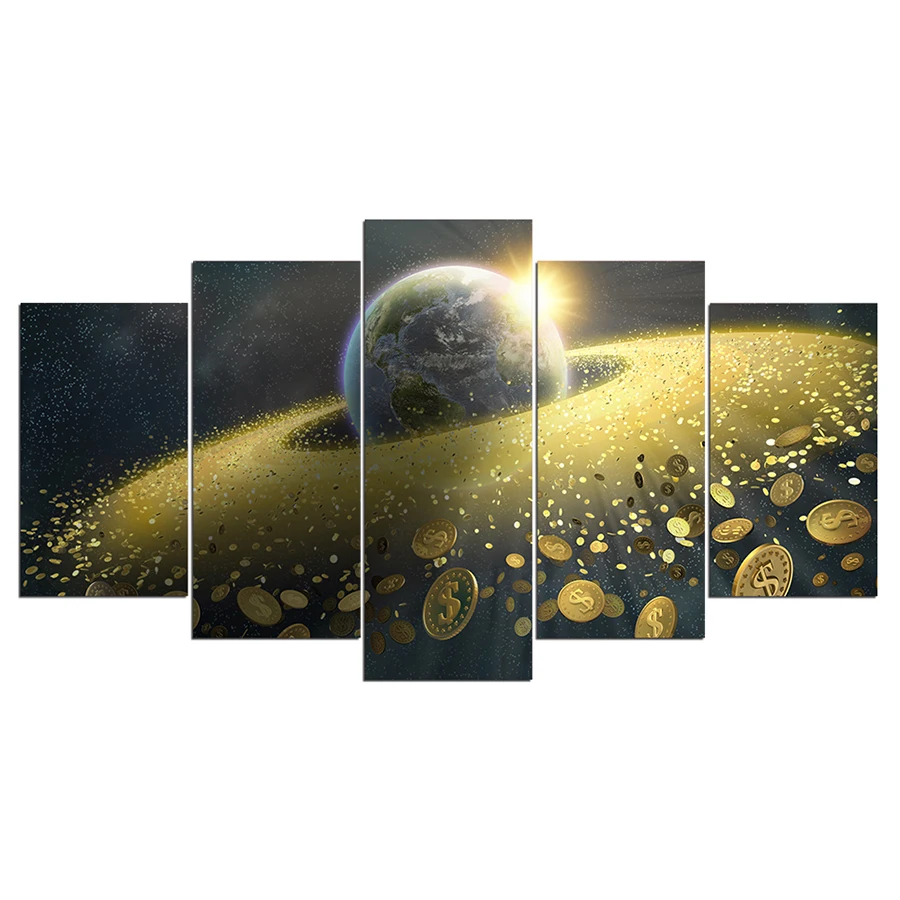 

HD Print 5 Piece Canvas Art Golden Aperture around Earth Pictures Space Posters and Prints Wall Art Canvas Painting