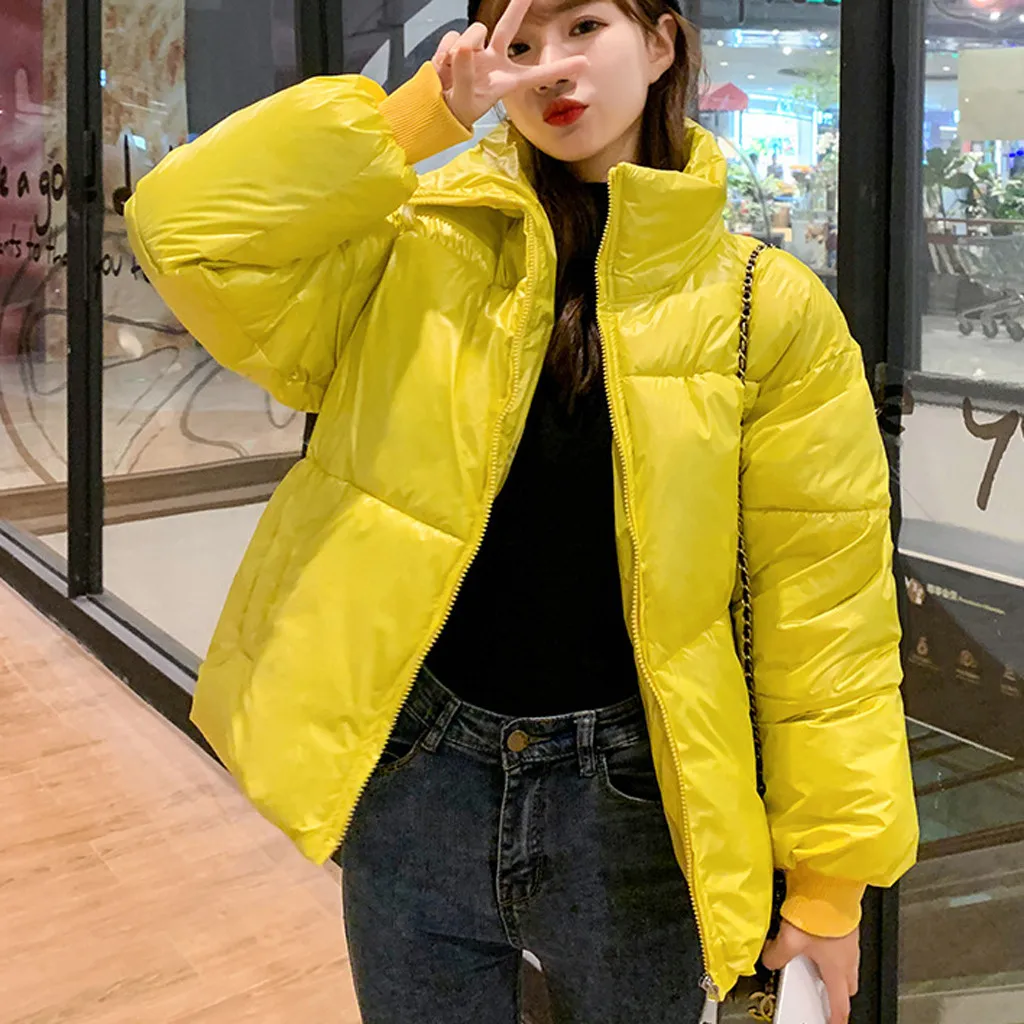 Корейский стиль 2019 зимняя женская куртка со стоячим воротником однотонная