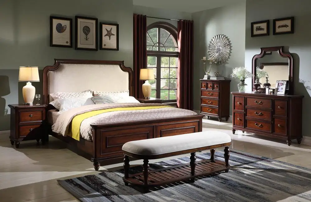 Классическая деревянная мебель для спальни двуспальный шкаф кровати и комод