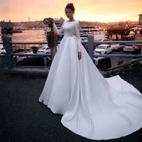 uzn dubai wedding dress ball gown 2021 long sleeves scoop neck backless satin bridal gown custom made bohemian wedding gowns
