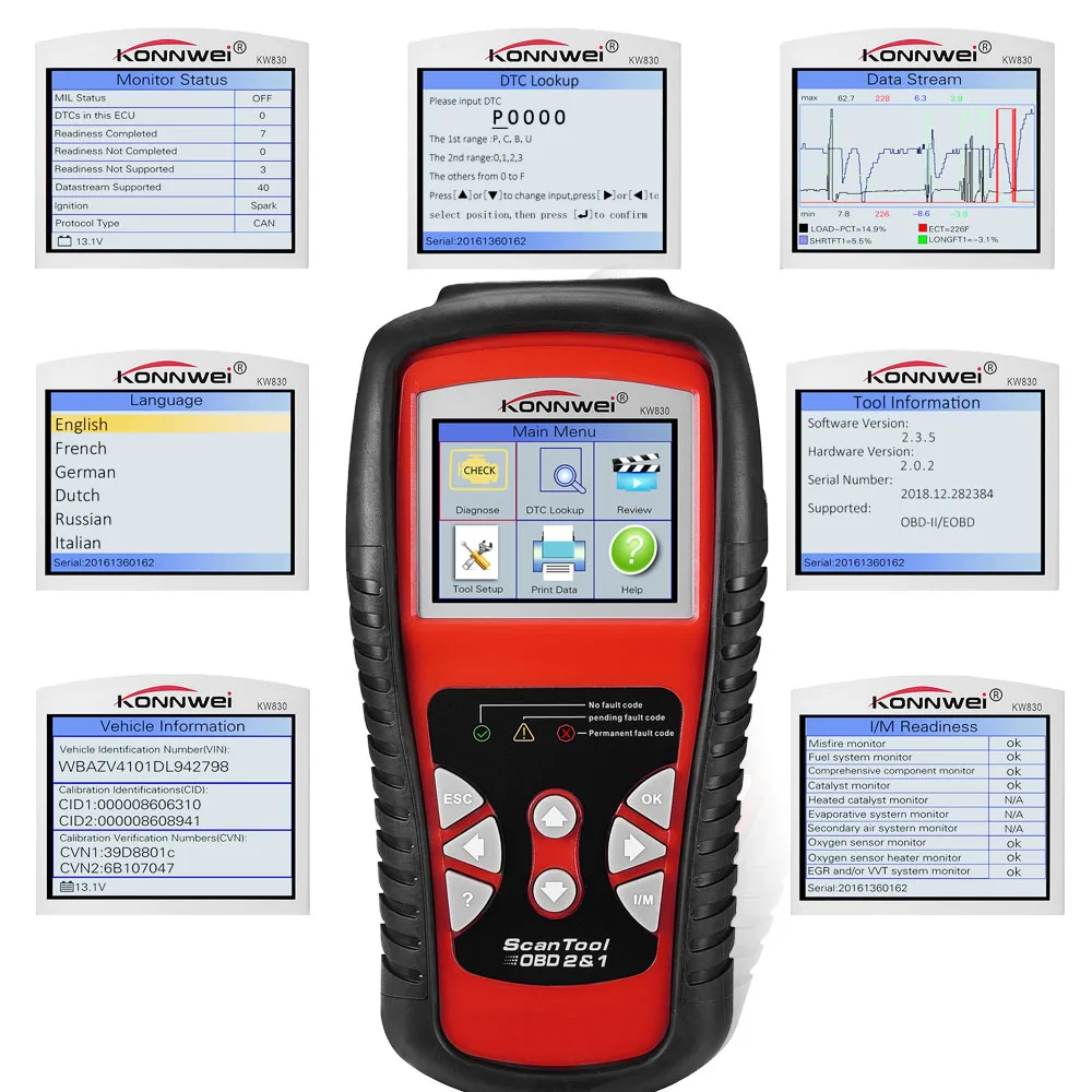 KONNWEI KW830 OBD2 Auto Diagnostic Scanner Battery Tester Universal OBD Engine Code Reader |