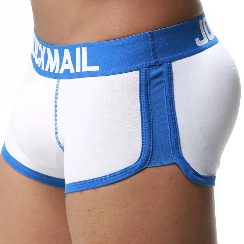 JOCKMAIL, Брендовое, увеличивающее Мужское нижнее белье, боксеры, трусы с сексуальным выпуклом, для геев, с мешочком для пениса спереди+ сзади, Двойная съемная чашка пуш-ап - Цвет: Белый