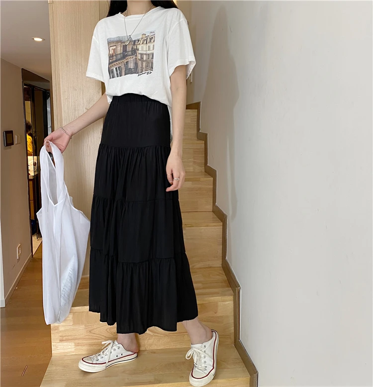 satin skirt Spring Summer Women Chiffon Skirts Vintage High Waist Elastic Patchwork White Black Chic Long Cake A-line Skirt for Student mini skirt