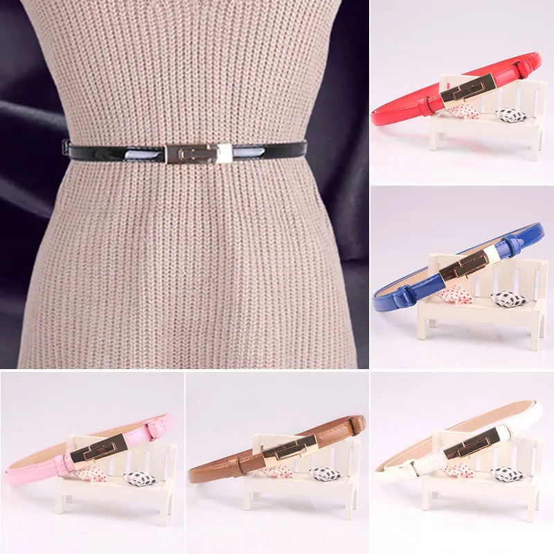 

Women Belt Dress Simple PU Leather Waist Belt Thin Skinny Metal Gold Buckle Waistband Belts For Women Dress Accessories