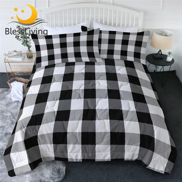 BlessLiving Tartan Summer Quilt Set Scottish Pattern Air-conditioning Comforter Chequered Bedding Throw Black White Thin Duvet 1