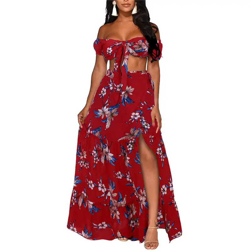 

Boho Flower Printed Off Shoulder Crop Top and Skirt Set 2020 Summer Clothes for Women Matching Set Casual Beach Outfits