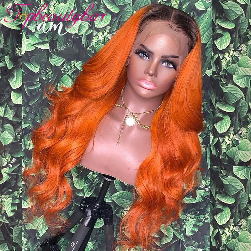 

Wavy Ombre Orange Ginger 180% Lace Front Human Hair Wigs For Women Remy 1B/orange Brazilian Pre Plucked Lace Front Wig