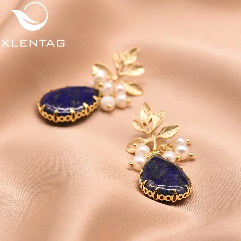 XlentAg Natural Fresh Water Baroque Pearl Drop Earrings Women Plant Leaves Dangle Earrings Luxury Handmade Fine Jewelry GE0308
