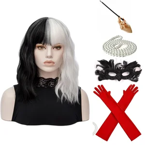 Cosplay Halloween Costume Party Wig CRUELLA Deville De Vil Black White With Bangs Short Bob Ladies H