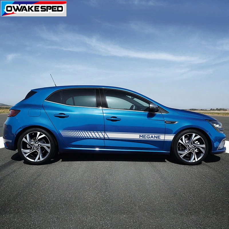 

Двусторонняя Автомобильная спортивная полоса для Renault Megane GT RS Coupe Автомобильная дверь юбка наклейка Гонки Стайлинг виниловая наклейка аксе...