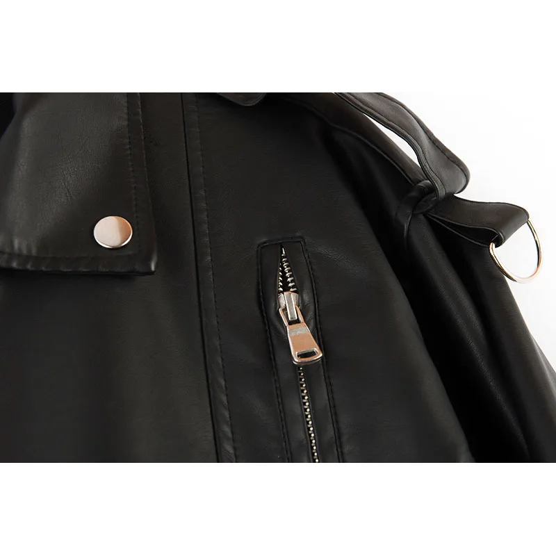 Black Leather Coat Women Mid-length Streetwear Fashion Faux PU Leather Motorcycle Biker Jacket Korean Loose S-3XL Oversize Coats enlarge