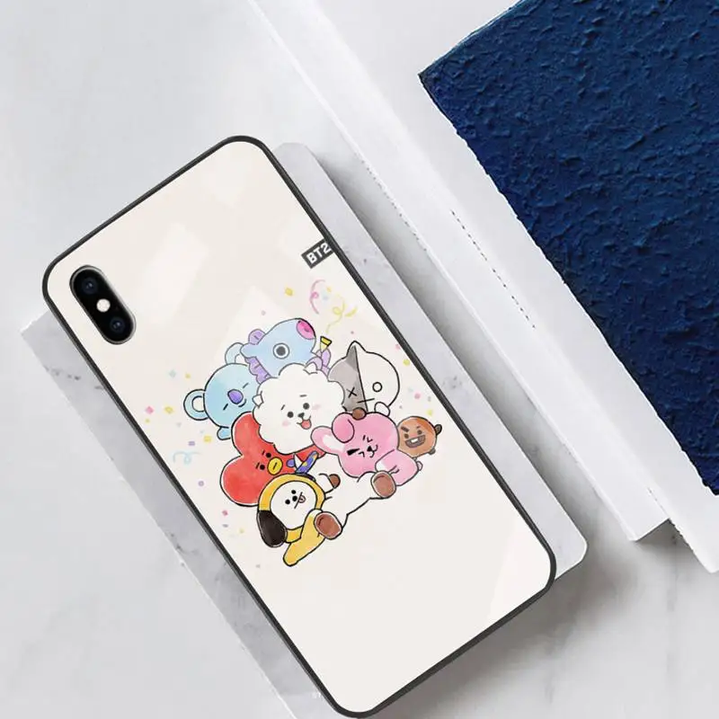 

Kawaii BT 21 Glass Phone Case Fundas Coque For IPhone 11 Pro Max Cases XR XS 12 7 8 Plus Cover Accessories Carcasa