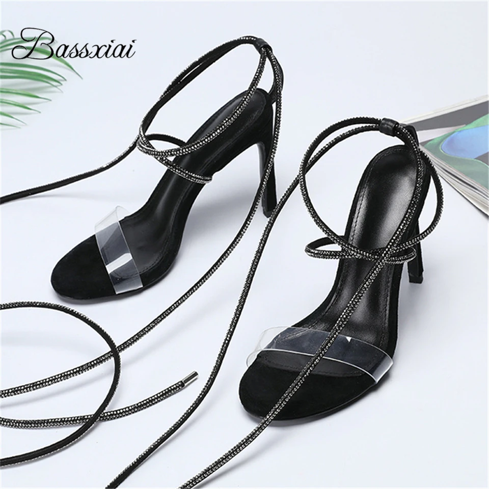 

Сандалии-гладиаторы женские на тонком каблуке 10 см, прозрачные сандалии из ПВХ с узким ремешком и перекрестной шнуровкой, лето