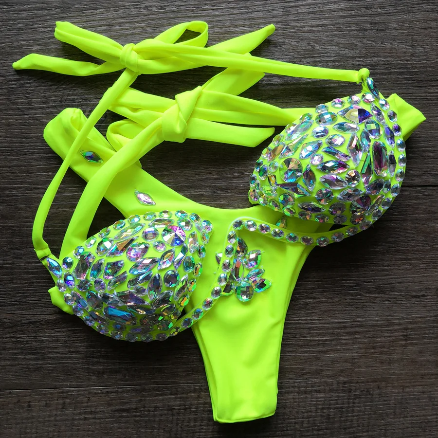 

VIKINII Rhinestone Neon Green Bikinis Women 2021 Diamond Push Up Swimsuits Sexy Halter Crystal Swimwear Women Bathing Suits