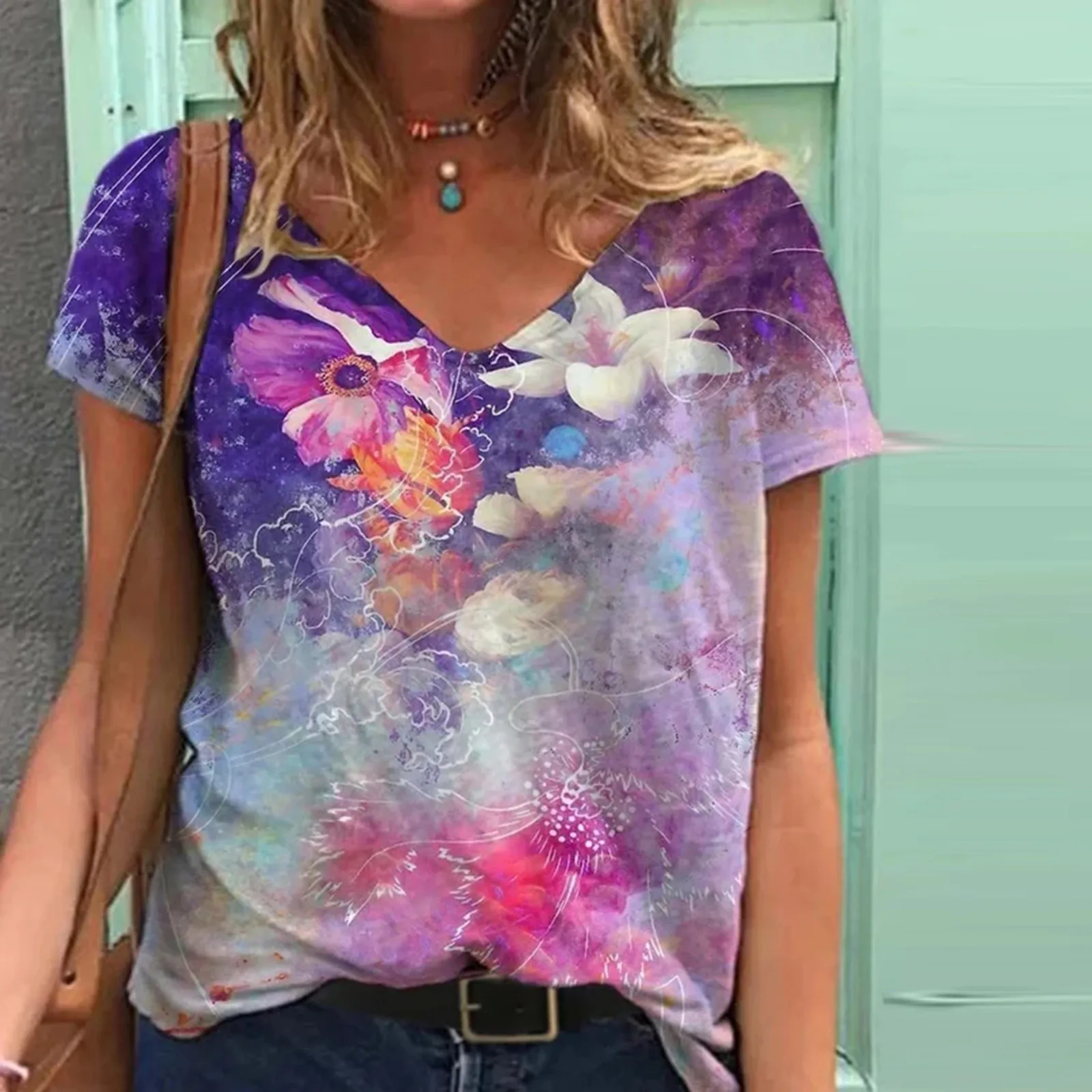 

30# Tops Women Casual Floral Printing Short Sleeves Oversized Blouse O-Neck Loose Blouse Summer Top ropa de mujer 2021