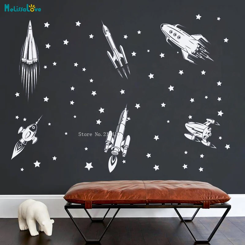 

Настенные стикеры Rocket Stars с космическим кораблем, декор для детской комнаты, искусство Вселенной, детской игровой комнаты, виниловые Съемные Фрески YT4853