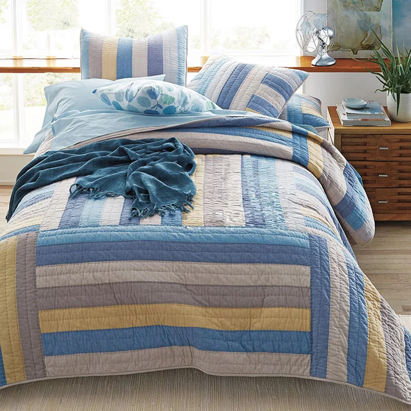 Koop Patchwork Sprei 3 Stuk Quilt Set Met 2 Shams Streep Handgemaakte Gewatteerde Bed Cover Kingsize Dekbed Zomer Deken Op Bed