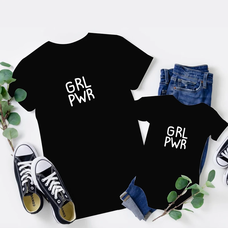 Camiseta a juego para la familia, ropa con estampado de letras Grl Pwr, pap&aacute;, mam&aacute; y yo, Padre, Hijo, madre e hija, trajes a juego-4