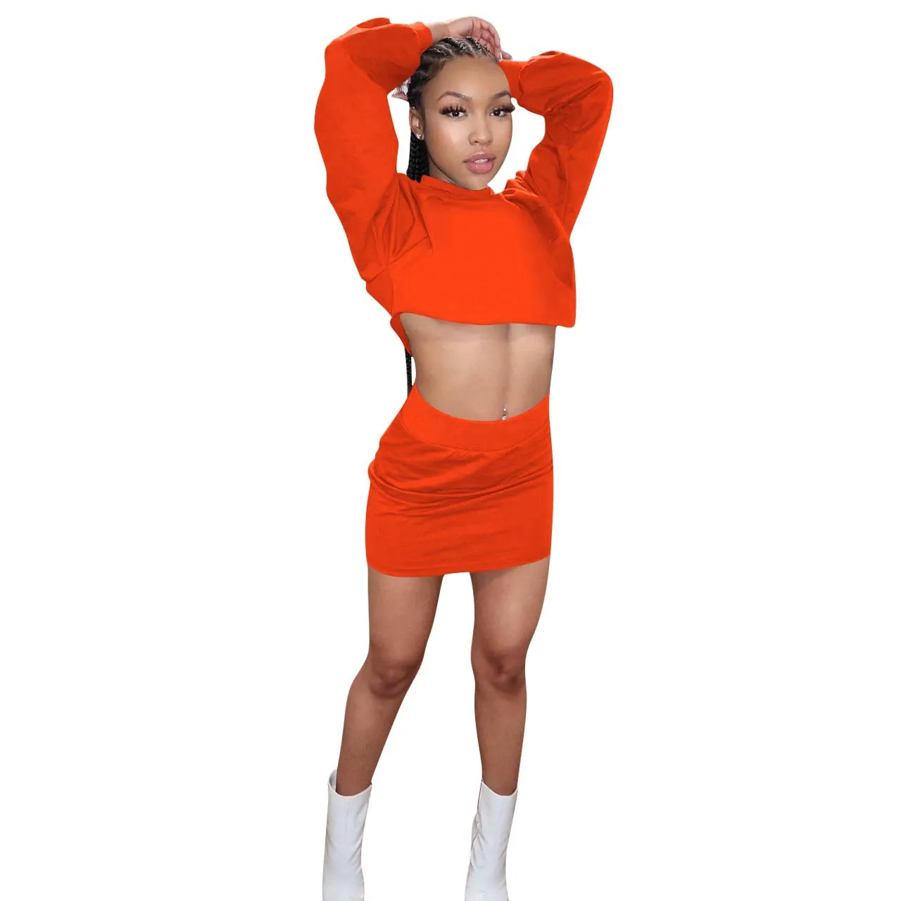 

Casual Women Skirt Two Piece Set Solid Color Streetwear Tracksuit Matching Suit Tracksuit Full Sleeve Mini Dress Clothes