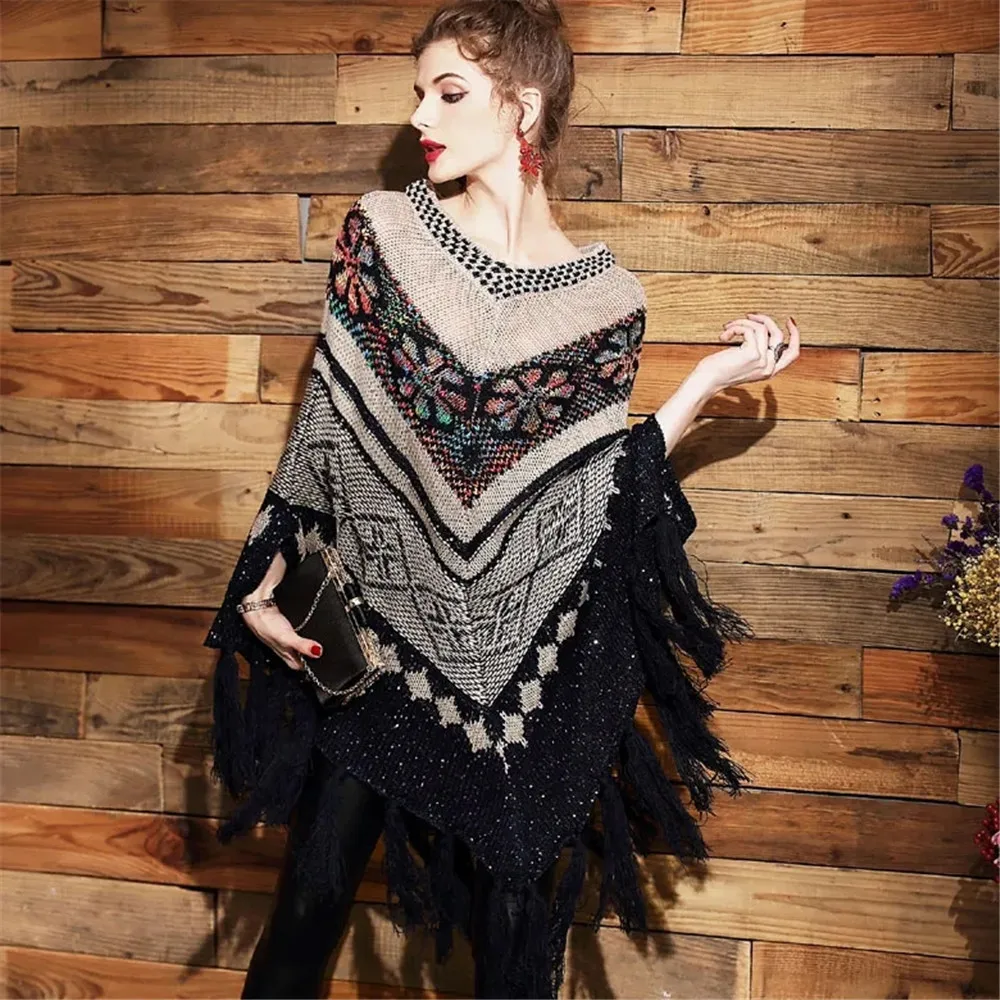 

Осенне-зимний женский Пашмина 2021, Модное пончо с кисточками, пуловер из пашмины с V-образным вырезом, свитер с принтом, вязаная одежда