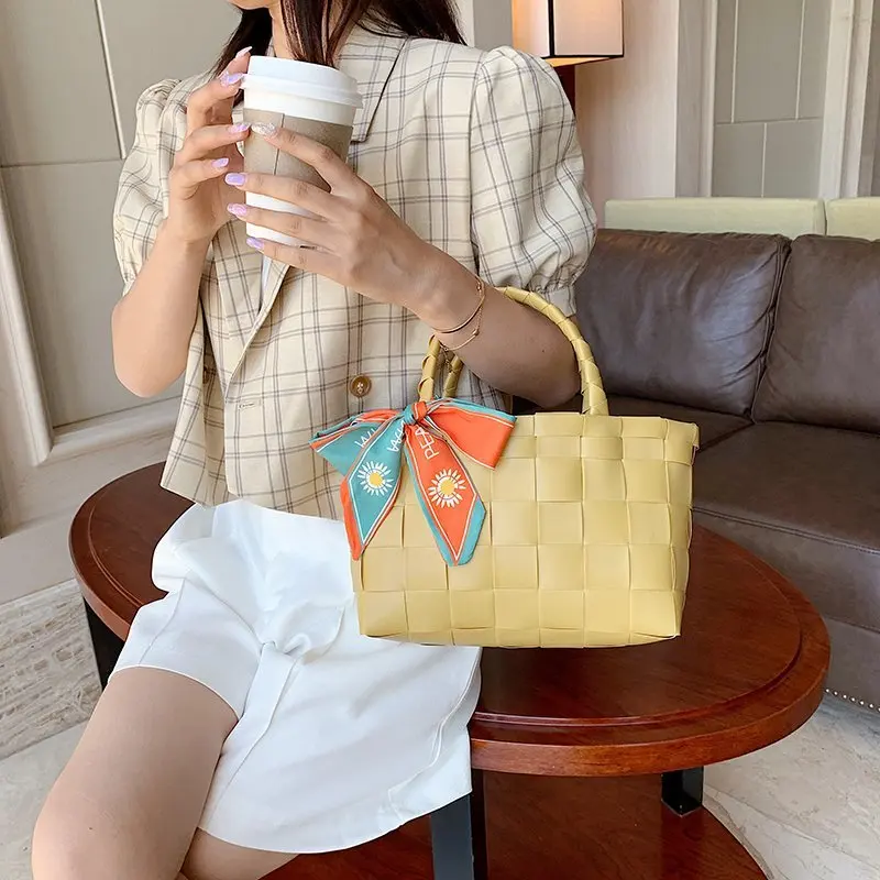 

High Quality Pu Leather Solid Color Woven Bags for Women 2021 Satchel Fashion Casual Concise Travel Women's Handbags Sac A Main