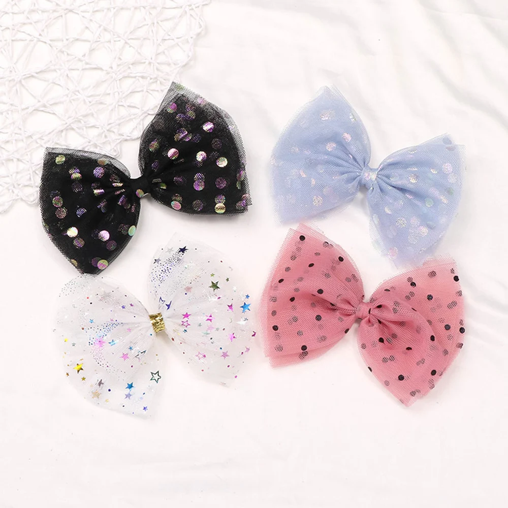 Lazos de hilo de punto de lentejuelas para ni&ntilde;as, horquillas de Organza hechas a mano con Clips, tocado de Boutique para ni&ntilde;os, accesorios para el cabello-3