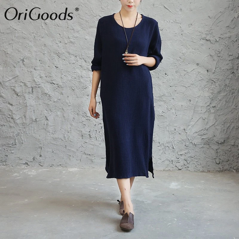 Женское винтажное длинное платье с круглым вырезом и длинным рукавом|knee length