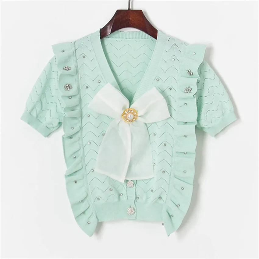 

Женская футболка с бантом и бриллиантами, тонкий трикотажный кардиган с коротким рукавом, дизайнерский укороченный топ в Корейском стиле н...