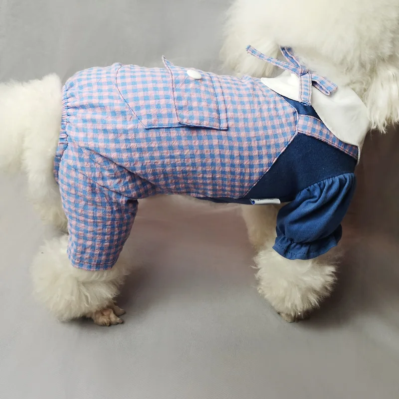

2021 Plaid Overalls Pet Dog Fake Two-piece Suspenders Four-legged Clothes Cute Puppy Clothes Teddy Pomeranian Clothes
