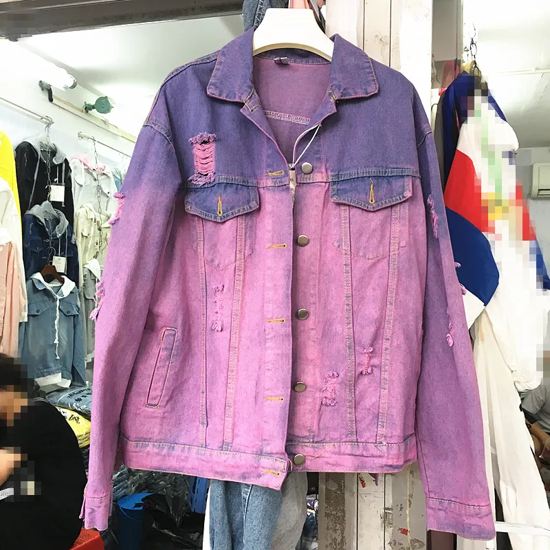 Женская Потертая джинсовая куртка Harajuku фиолетовая оверсайз в уличном стиле