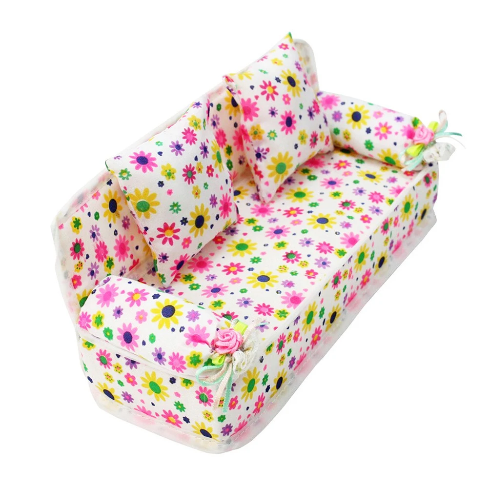 Children Play House Simulation Furniture Mini Sofa Toy Fabric Print Cushion With Two Pillow Toys Girl Birthday Gift | Игрушки и хобби
