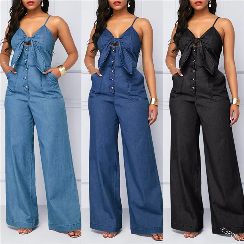

HIRIGIN Summer Women's Denim Jumpsuit Sexy High Waist Wide Leg Long Pants Romper Front Tie Knotted Jeans V-neck Overalls 2021