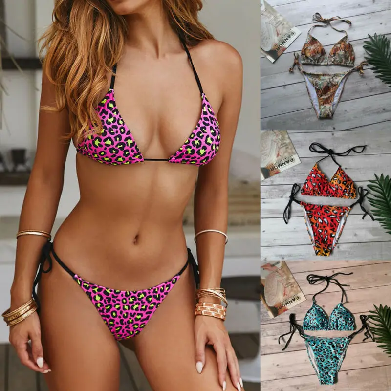 Women Bandage Bikini 2pcs Set Push-up Animal Print Leopard High Waist Beach Swimsuit bandeau Padded Bra Bathing Suit Swimwear | Женская