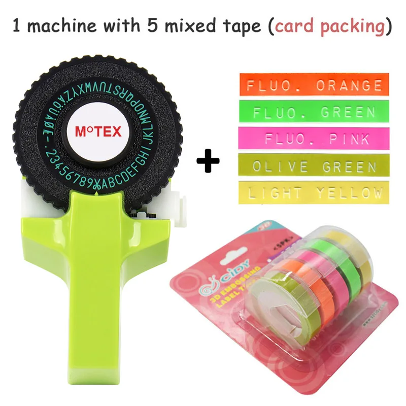 Зеленый цвет MoTex E101 принтер мини DIY Ручная Совместимость для dymo 3D тиснение ручная лента ручная машинка надпись машина - Цвет: machine with 5 mixed