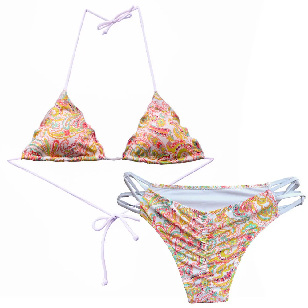 Купальник-бикини женский с бантом желтый треугольный купальный костюм принтом в