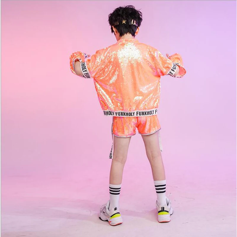 Детская танцевальная одежда с блестками в стиле хип-хоп Оранжевая Куртка топ