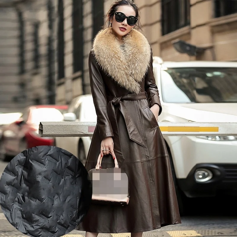 

Detachable Sheepskin Raccoon Fur Collar Down Coat Office Lady Long Elegant Sashes Slim Genuine Leather Jacket Women Thick Design