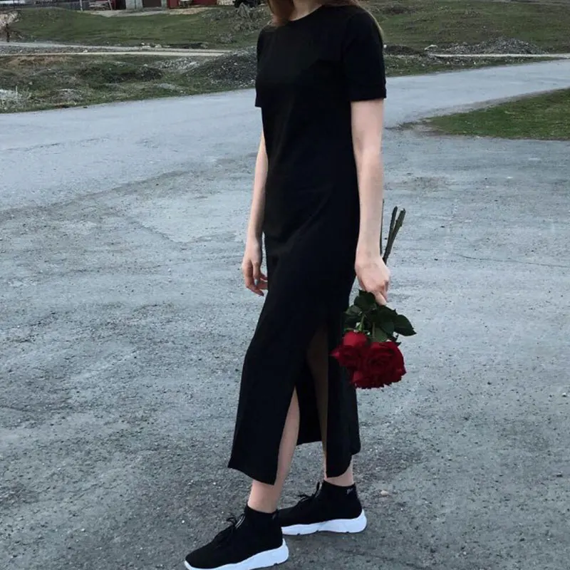 Женское платье-макси винтажное Свободное платье с коротким рукавом Черное