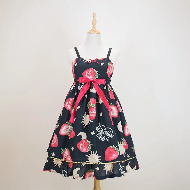 

2021 Strawberry Angel Lolita Princess Sleeveless dress Sweet Women dress High Waist Bow Sling Dress