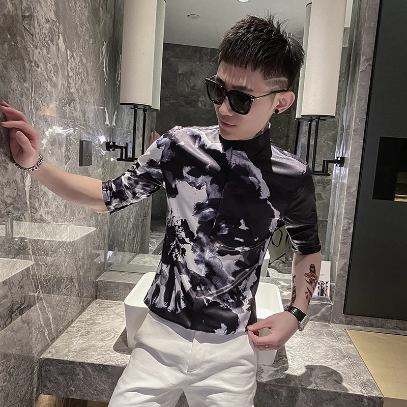 

Men Shirts Fashion 2021 Summer Short Sleeve Casual Slim Shirt Designer Print Streetwear Social Male Clothing Camisa Masculina