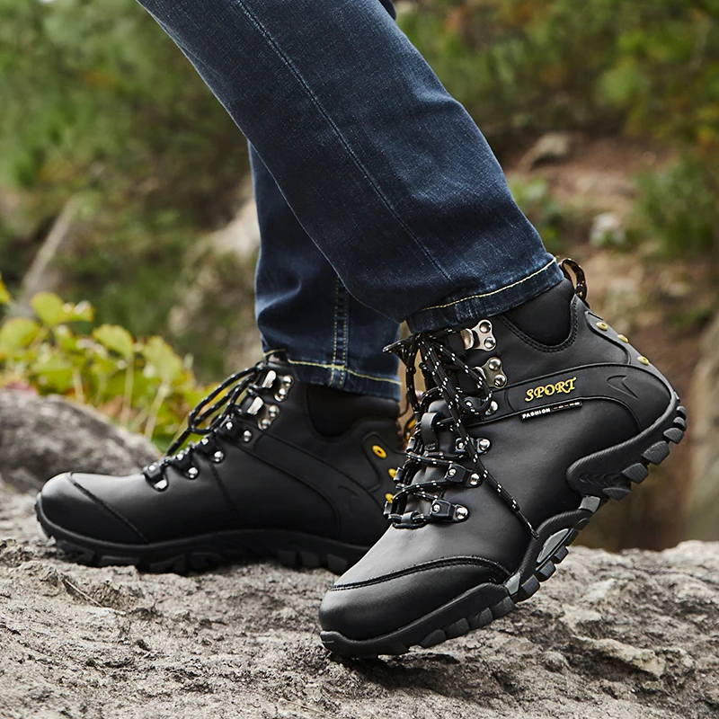 Brand Mens Genuine Leather Hiking Walking Shoes Waterproof Outdoor Climbing Camping Men Boots Winter Mountain Trekking Boots Men
