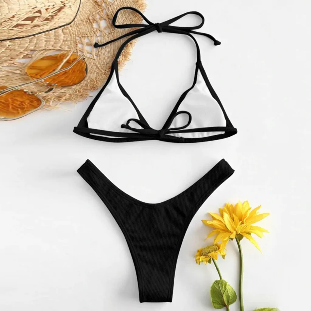 

Women's Swimming Suit 2021 Women Sexy Solid Push Up High Cut Lace Up Halter Bikini Set Two Piece Swimsuit bathing suit women